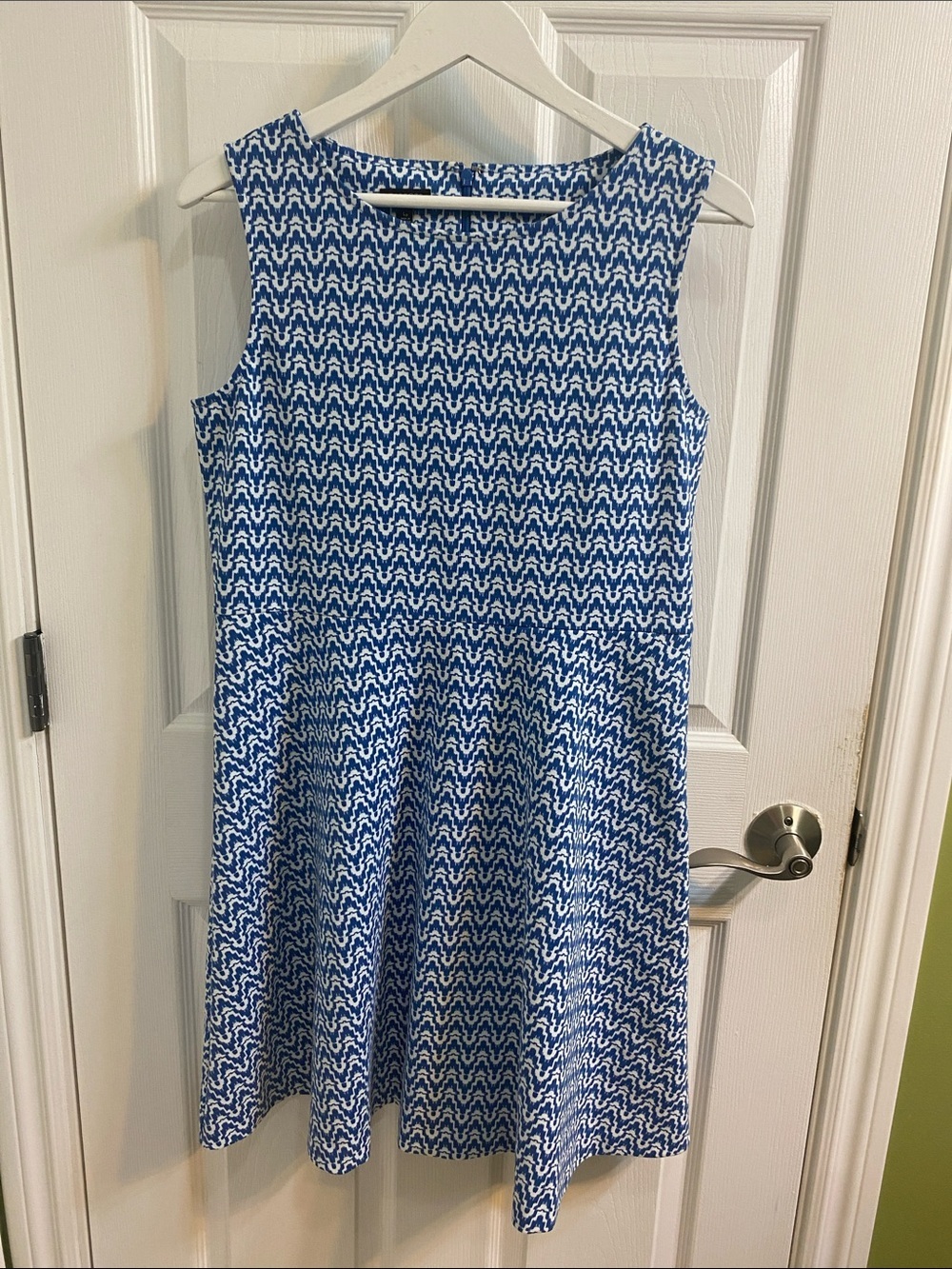 Talbots Fit & Flare Dress Coastal Blue Geometric Sleeveless Large Petite Stretch